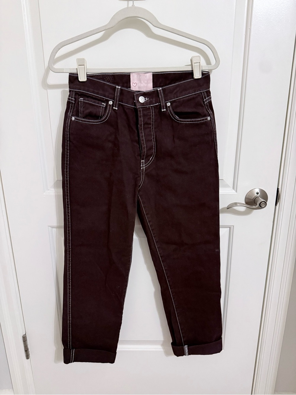 REVICE Brown Jeans with Pink Label and White Stitching